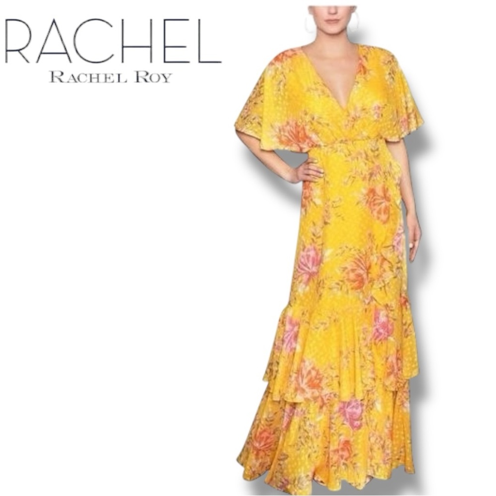 Rachel Roy yellow fully lined floral and polkadot overlay maxi dress size 2 EUC